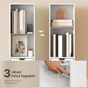 HOMCOM Bibliotecă înaltă cu 6 Nivele, Raft îngust cu Sertar și Ușă - Alb | Aosom Romania