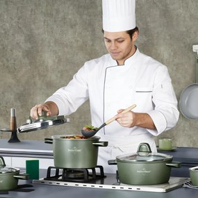Set vase de gatit Swiss Haus SH-GPC3020G, 20 piese, Acoperire ceramica Sapphire, Fara PFAS, Cuptor pana la 220°C, Inductie, Verde