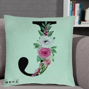 Cadou Personalizat - Perna Personalizata Monograma Florala Litera J, 40x40 cm, Verde Menta, Husa Detasabila, Perna Inclusa, BEKZ®