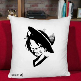 Perna Personalizata One Piece Luffy Silueta Alb-Negru, 40x40 cm, Alb Pufos, Husa Detasabila, Perna Inclusa, BEKZ®
