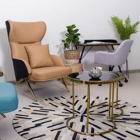 Fotoliu de lux de design, piele ecologică camel / neagră, ARTES