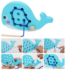 Jucărie din lemn în formă de balenă cu șireturi