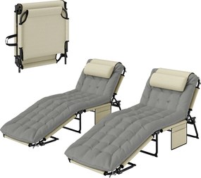 Outsunny Set de 2 șezlonguri pliabile cu spătar reglabil în 4 poziții - suport pentru cap și saltea groasă crem | Aosom Romania