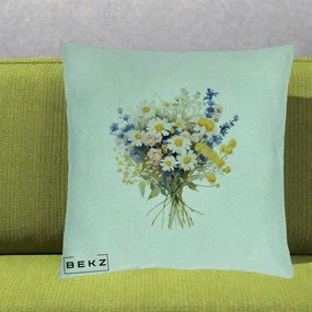 Perna Decorativa Buchet Camp Acuarela Margarete-Lavanda, 40x40 cm, Verde Menta, Husa Detasabila, Perna Inclusa, BEKZ®