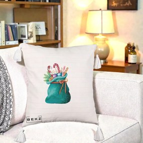Perna Decorativa Saculet Cadouri Mos Craciun Acuarela Verde, 40x40 cm, Bej cu Franjuri, Husa Detasabila, Perna Inclusa, BEKZ®
