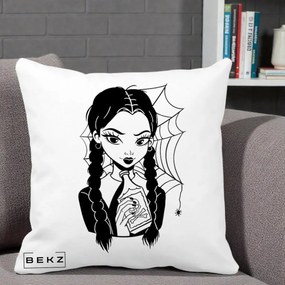 Perna Personalizata Wednesday cu Panza de Paianjen, 40x40 cm, Alba Mata, Husa Detasabila, Perna Inclusa, BEKZ®