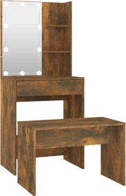vidaXL Set măsuță de toaletă cu LED, stejar afumat, lemn prelucrat