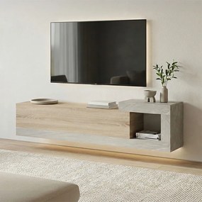 Comoda TV suspendata Flatera, finisaj sonoma-marmura gri-bej, 150 x 29.5 x 38.5 cm