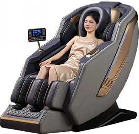 RESIGILAT- Fotoliu de masaj AMOS, cu Incalzire, Bluetooth, Display, Ecran tactil, Zero Gravity, 2 Boxe, Moduri Automate, Suport Picioare extensibil, Piele Ecologica Premium, Gri/Albastru