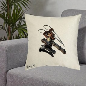 Perna Personalizata Attack on Titan Eren Yeager Lupta, 40x40 cm, Ecru, Husa Detasabila, Perna Inclusa, BEKZ®