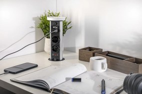 Priză încorporabilă în blat Camino GTV, încărcător wireless 10W, 2 prize Schuko, USB A + C, alb, D:80 mm Aluminiu/ plastic, Alb, D:80 mm