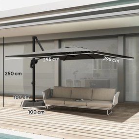 Outsunny Umbrelă Decentralizată de Grădină cu Manivelă 3x3m și Bază cu Greutăți Umplibile, Umbrelă de Exterior Pătrată Inclinabilă și Rotativă 360°, din Aluminiu pentru Terasă sau Piscină, UV30+, Gri Închis | Aosom Romania