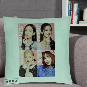 Perna Personalizata K-pop BLACKPINK Colaj 4 Portrete cu Semnature, 40x40 cm, Verde Menta, Husa Detasabila, Perna Inclusa, BEKZ®