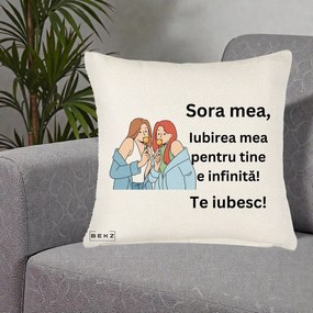 Cadou pentru Sora - Perna Personalizata Sora Mea Te Iubesc Doua Fete cu Acadele, 40x40 cm, Crem Reliefat, Husa Detasabila, Perna Inclusa, BEKZ®