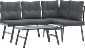 vidaXL Bănci de grădină cu perne 3 buc negru oțel vopsit electrostatic