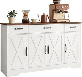HOMCOM Bufet, mobilier de depozitare pentru bucătărie în stil rustic cu 4 uși tip hambar, 3 sertare, etajere reglabile, alb | Aosom Romania