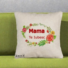 Cadou pentru Mama - Perna Personalizata Mama Te Iubesc Flori Rosii, 40x40 cm, Bej Canapea, Husa Detasabila, Perna Inclusa, BEKZ®
