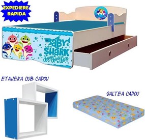 Pat copii Baby Shark cu sertar si saltea cadou