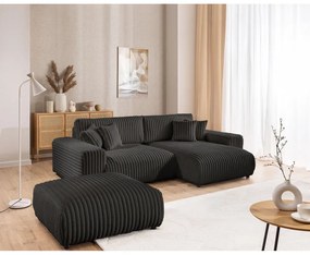 Colțar gri închis extensibil, cu spațiu de depozitare, cu tapițerie din catifea reiată (cu colț pe partea dreaptă) Sarina – Ropez