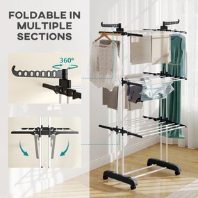 HOMCOM Uscător de Rufe Tip Turn cu 4 Niveluri, Suport pentru Uscat Rufe cu Aripi Laterale Pivotante și 4 Roți, 73x64x177 cm, Negru