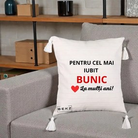 Cadou pentru Bunic - Perna Personalizata Pentru Cel Mai Iubit Bunic La Multi Ani Rosu, 40x40 cm, Bej cu Franjuri, Husa Detasabila, Perna Inclusa, BEKZ®