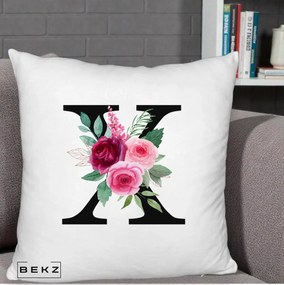 Cadou Personalizat - Perna Personalizata Monograma Florala Litera X cu Buchet, 40x40 cm, Alb Pufos, Husa Detasabila, Perna Inclusa, BEKZ®