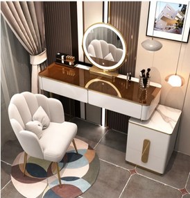 RESIGILAT Set Rochelle, Masă de toaletă pentru machiaj cu oglindă iluminată LED, control touch, 4 sertare, comoda, scaun, Alb/Auriu,