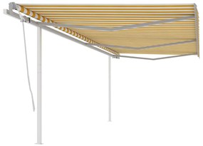 vidaXL Copertină retractabilă manual cu stâlpi, galben și alb, 6x3 m