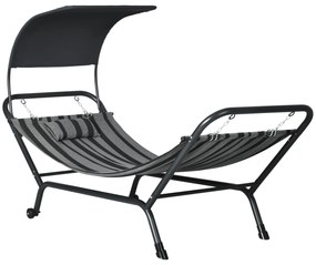 Outsunny Şezlong bain de soleil transat din oțel și poliester cu acoperiș și pernă, dim. 240L x 92l x 148H cm | Aosom Romania