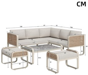Set de lounge pentru grădină pentru 6-7 persoane, mobilier din ratan cu cadru din fier galvanizat și picioare reglabile, inclusiv perne pentru șezut și spate, Bej