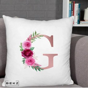 Cadou Personalizat - Perna Personalizata Monograma Rose Gold Litera G, 40x40 cm, Alb Pufos, Husa Detasabila, Perna Inclusa, BEKZ®