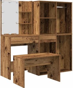 vidaXL Set de măsuță de toaletă cu LED Lemn vechi din lemn lemnos