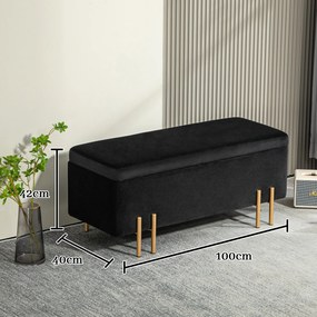 HOMCOM Băncuță, Polsterbank cu spațiu de depozitare, Metal, Lemn de Cauțiuc, Spumă, 100 x 40 x 42 cm, Negru | Aosom Romania