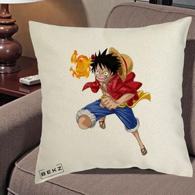 Perna Personalizata One Piece Luffy Gear Second Foc, 40x40 cm, Ecru, Husa Detasabila, Perna Inclusa, BEKZ®