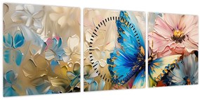 Tablou - Pictura de flori și fluturi (cu ceas) (90x30 cm)