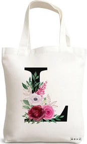 Sacosa de Panza pentru Cumparaturi, Geanta Tote, Cu litera L si Trandafiri, 38x34.5 cm, Alba, BEKZ®