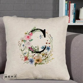 Cadou Personalizat - Perna Personalizata Monogram Litera C cu Flori Acuarela, 40x40 cm, Bej Canapea, Husa Detasabila, Perna Inclusa, BEKZ®