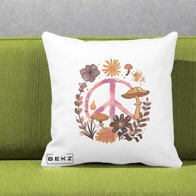 Perna Decorativa Peace Ciuperci Boho, 40x40 cm, Alba Mata, Husa Detasabila, Perna Inclusa, BEKZ®