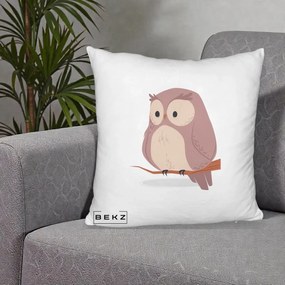 Perna Decorativa Bufnita Kawaii pe Creanga, 40x40 cm, Alb Pufos, Husa Detasabila, Perna Inclusa, BEKZ®