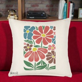 Perna Decorativa Flori Grafice Colorate Retro, 40x40 cm, Crem Reliefat, Husa Detasabila, Perna Inclusa, BEKZ®
