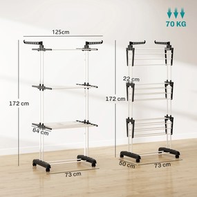 HOMCOM Uscător de Rufe Tip Turn cu 4 Niveluri, Suport pentru Uscat Rufe cu Aripi Laterale Pivotante și 4 Roți, 73x64x177 cm, Negru