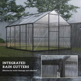 Seră de grădină Outsunny din aluminiu și policarbonat, 7,5㎡, cu ușă cu balamale, 2 ferestre reglabile, sistem de drenaj, anti-UV, 304x247x205cm, negru | Aosom Romania