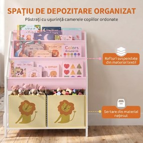 AIYAPLAY Bibliotecă Montessori pentru Copii 3-8 Ani cu 4 Rafturi și 2 Cutii cu Imprimeu Leu, Alb | Aosom Romania