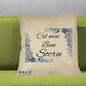 Cadou pentru Socru - Perna Personalizata Cel mai Bun Socru cu Flori Albastre Acuarela, 40x40 cm, Crem, Husa Detasabila, Perna Inclusa, BEKZ®