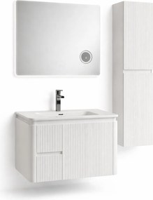 Set Mobilier Baie CAPPADOCIA Riflat 80 cm alb, oglinda 70 sau 80 cm cu LED, dezaburire si lupa, lavoar ceramic, soldat inclus. 70 CM