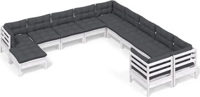 vidaXL Set de șezlonguri de grădină cu perne 11 piese alb lemn de pin