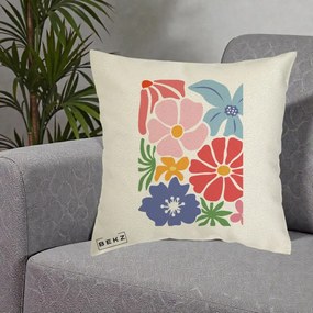 Perna Decorativa Flori Grafice Roz-Rosu-Albastru, 40x40 cm, Ecru, Husa Detasabila, Perna Inclusa, BEKZ®