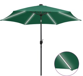 vidaXL Umbrelă de soare cu LED-uri, stâlp din aluminiu, verde, 300 cm