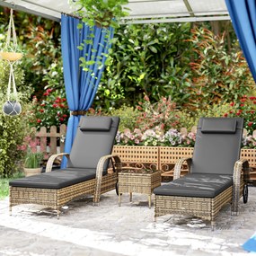 Outsunny Set de 2 șezlonguri : saltea, tetieră, înclinare reglabilă, roți + măsuță de cafea cu sticlă securizată gri închis | Aosom Romania