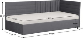 Pat cu somieră, 90x200, ţesătură gri Velvet, MEVIA